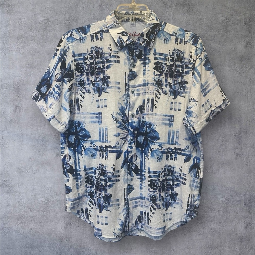 Robert Graham Charach Linen Blend‎ Floral Classic Fit Shirt Mens XL Fits L Blue